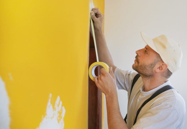 Man putting tape on the wall. The simple step for the quick and